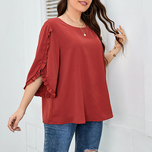 Women's Ruffle Sleeve Shirts Loose Fit Flowy Basic Red Blouse Tops