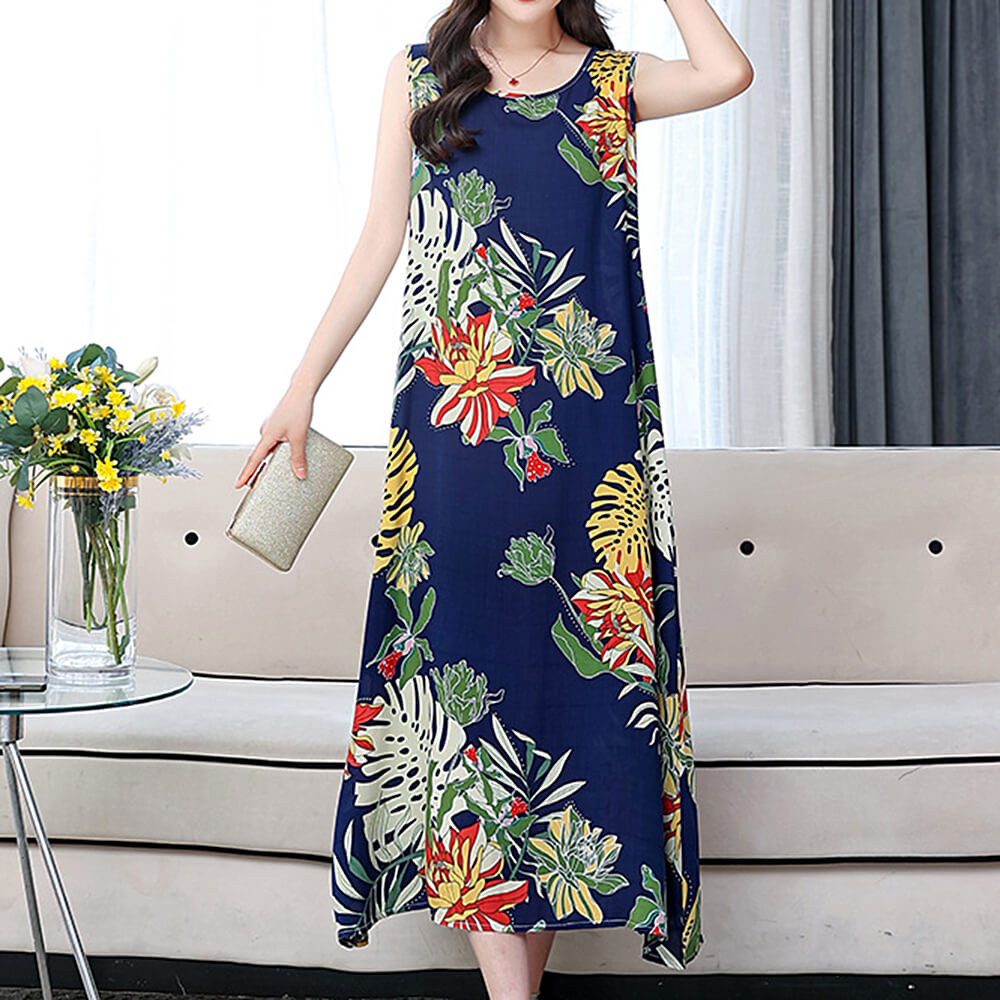 Women's Summer Casual Sleeveless Dresses Print Flowy Beach Boho Long Dress