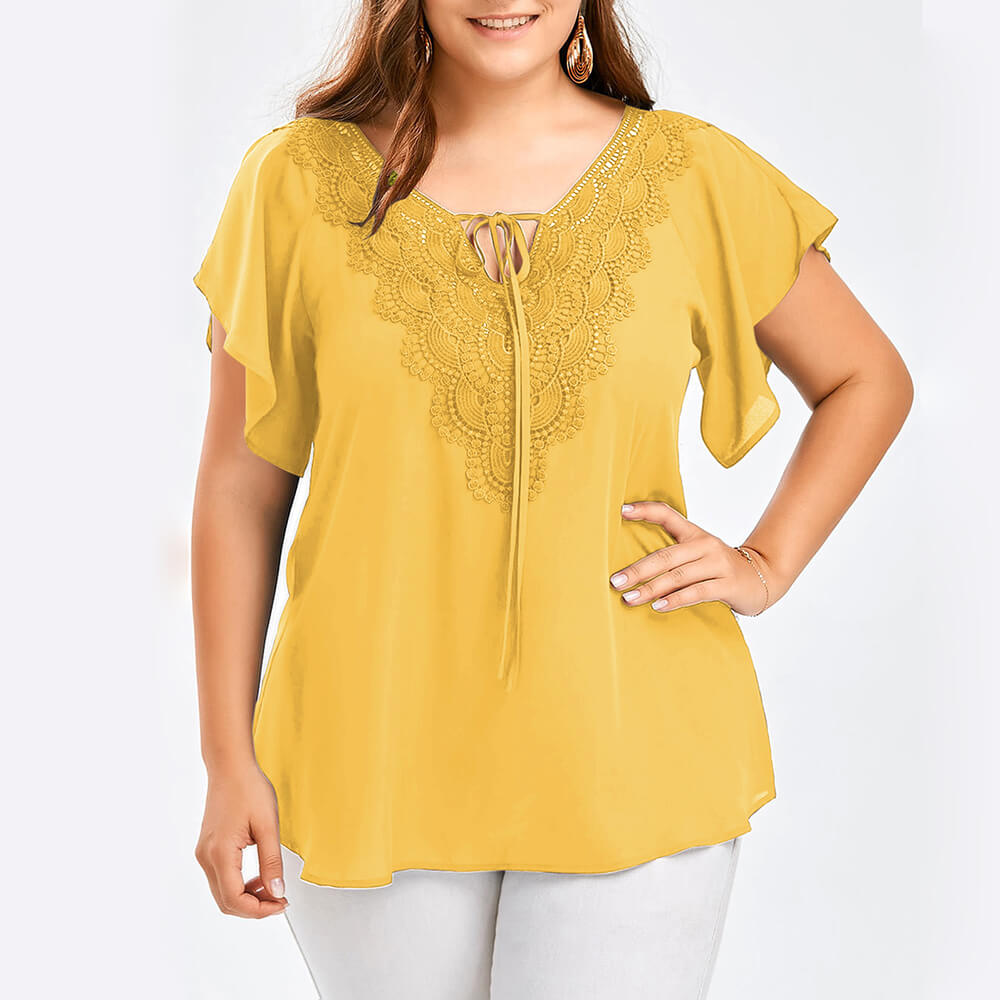 Women's Plus Size Chiffon Ruffle Sleeve Blouse Summer Lace Tops