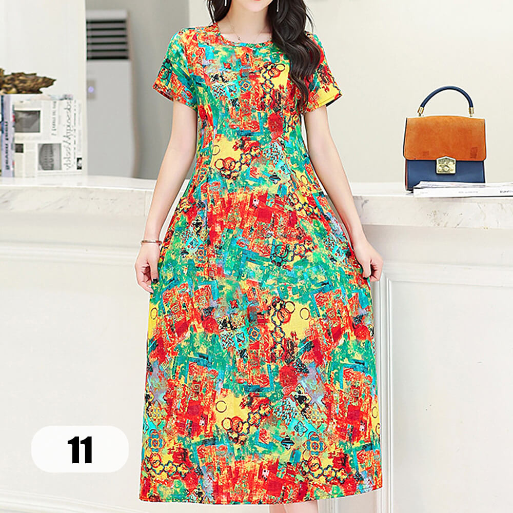 Women's Short Sleeve Round Neck Casual Summer Flowy Maxi Dresses with Pockets