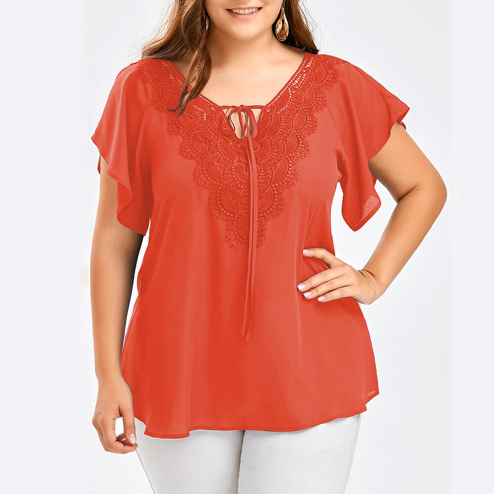 Women's Plus Size Chiffon Ruffle Sleeve Blouse Summer Lace Tops