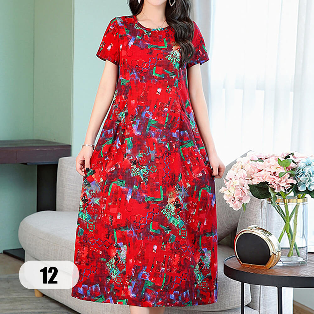 Women's Short Sleeve Round Neck Casual Summer Flowy Maxi Dresses with Pockets