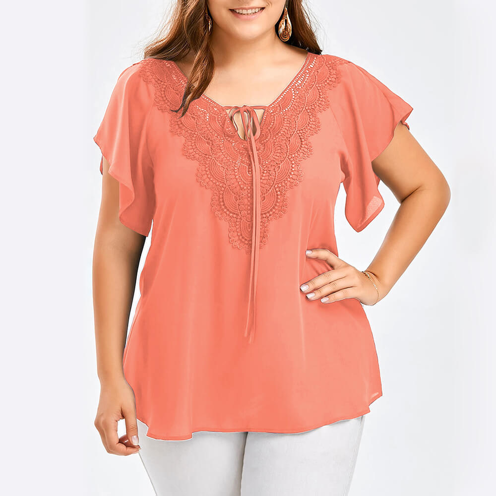 Women's Plus Size Chiffon Ruffle Sleeve Blouse Summer Lace Tops