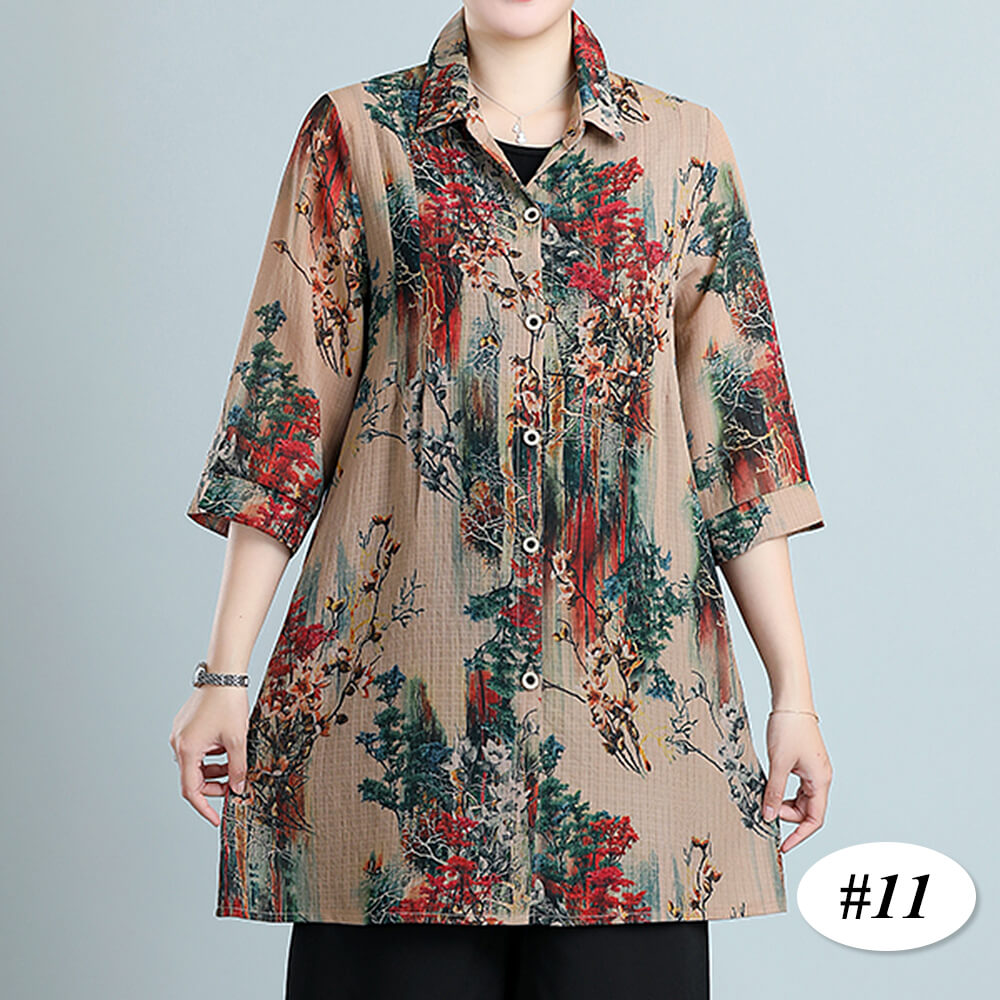 Women's 3/4 Sleeve Button Up Shirt Causal Print Blouse with Pocket