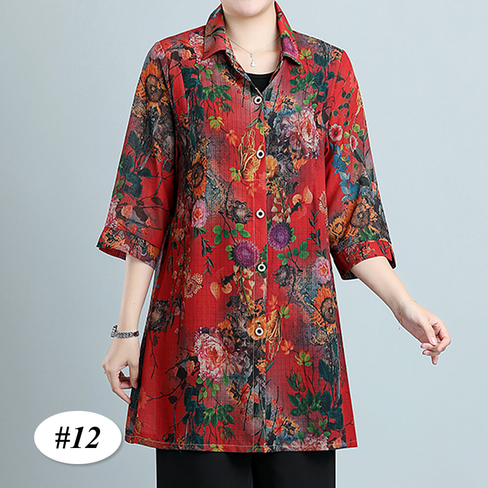 Women's 3/4 Sleeve Button Up Shirt Causal Print Blouse with Pocket