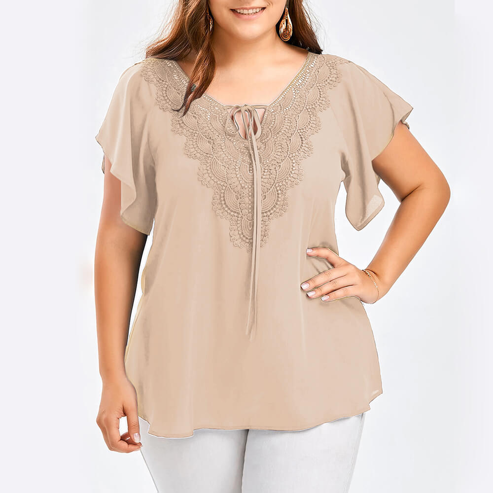 Women's Plus Size Chiffon Ruffle Sleeve Blouse Summer Lace Tops