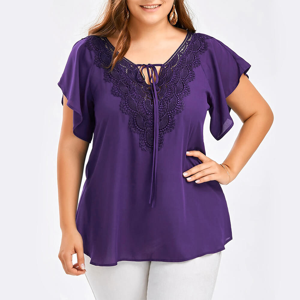 Women's Plus Size Chiffon Ruffle Sleeve Blouse Summer Lace Tops