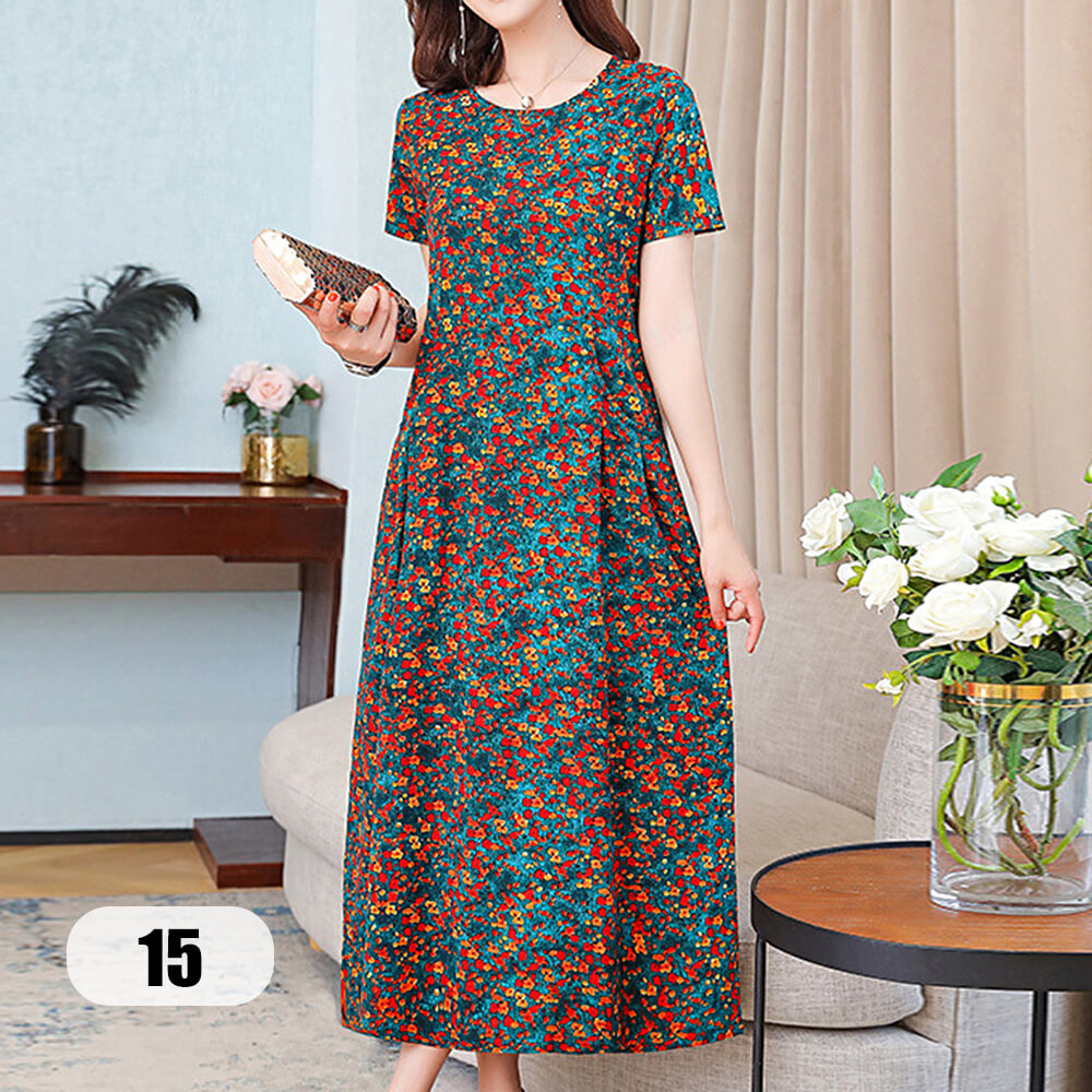 Women's Short Sleeve Round Neck Casual Summer Flowy Maxi Dresses with Pockets