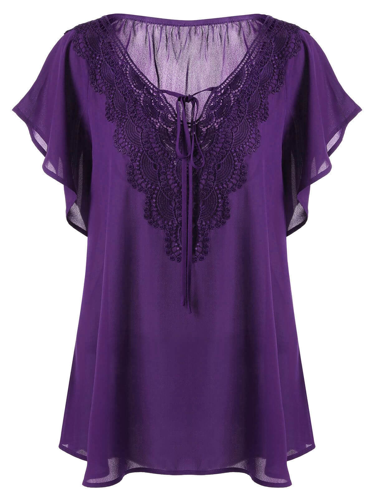 Women's Plus Size Chiffon Ruffle Sleeve Blouse Summer Lace Tops