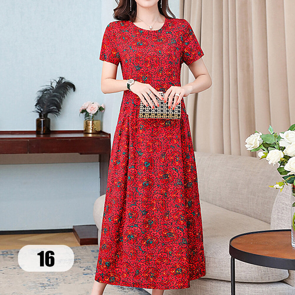 Women's Short Sleeve Round Neck Casual Summer Flowy Maxi Dresses with Pockets