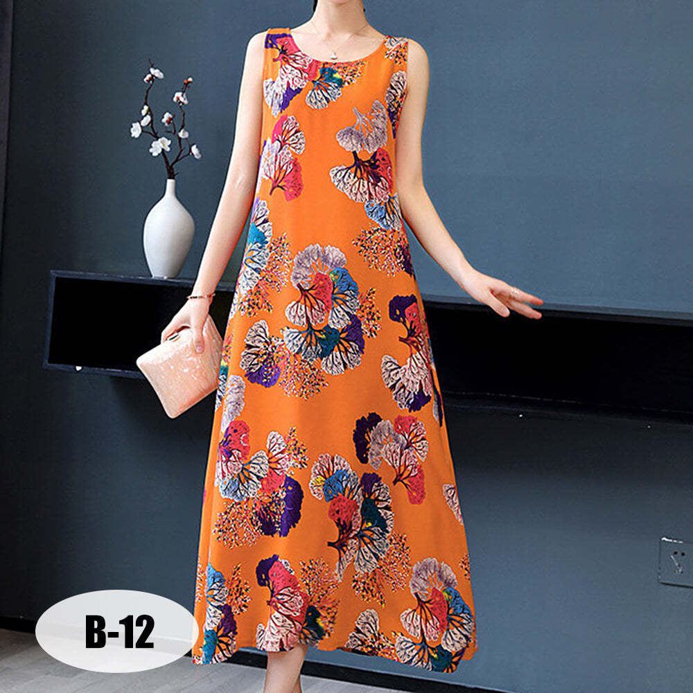 Women's Summer Casual Sleeveless Dresses Print Flowy Beach Boho Long Dress