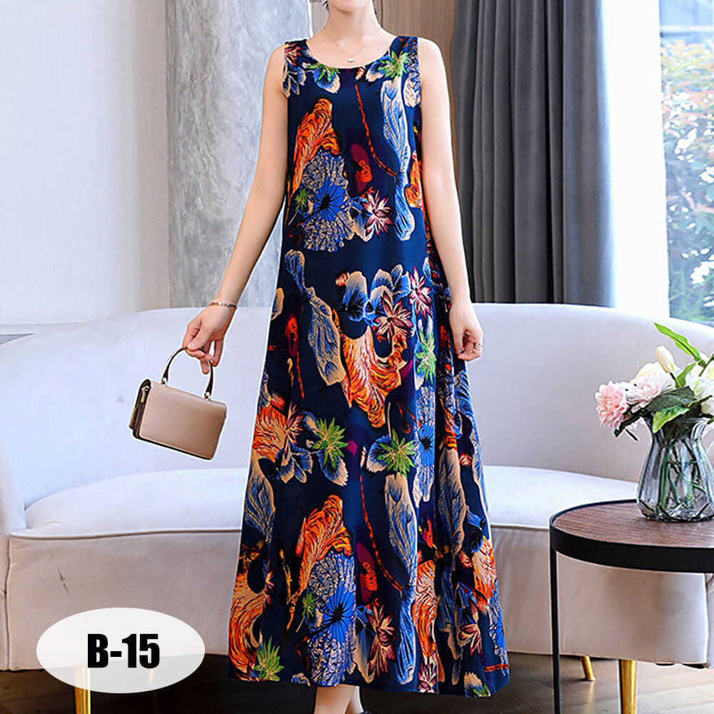 Women's Summer Casual Sleeveless Dresses Print Flowy Beach Boho Long Dress