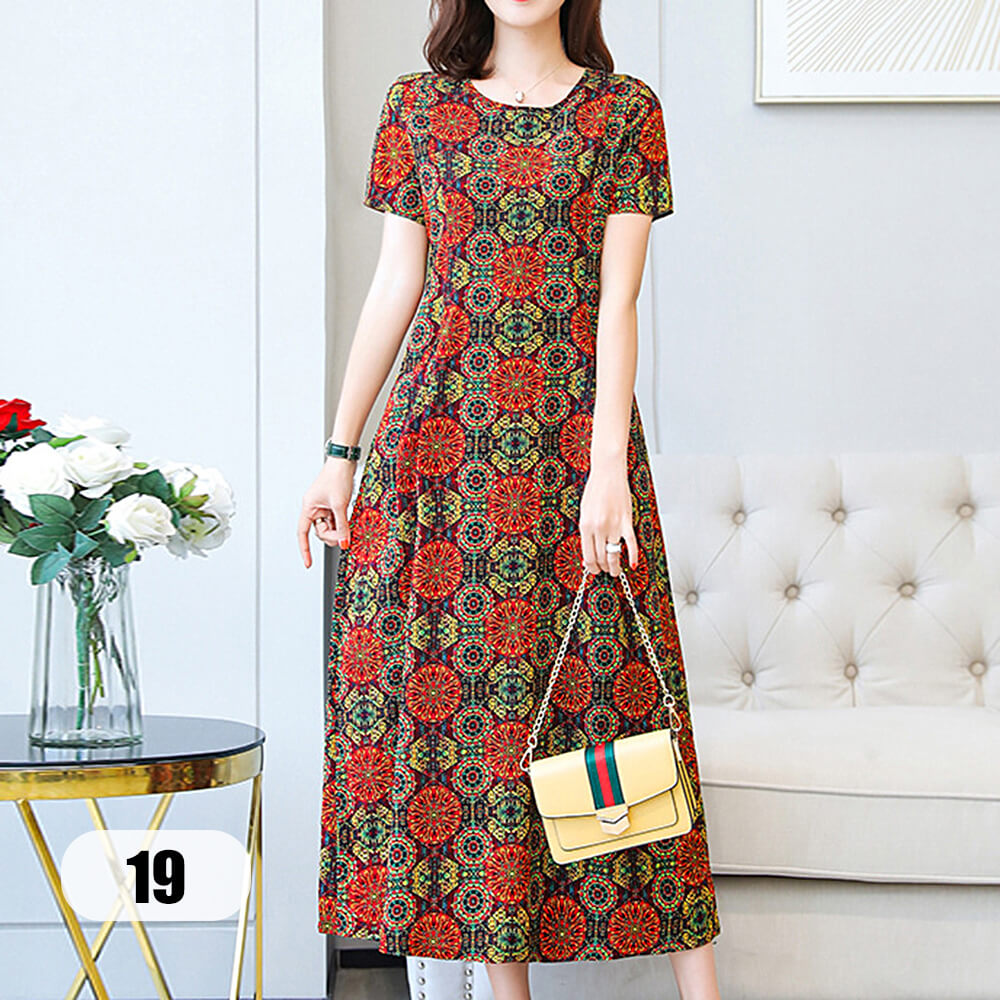 Women's Short Sleeve Round Neck Casual Summer Flowy Maxi Dresses with Pockets