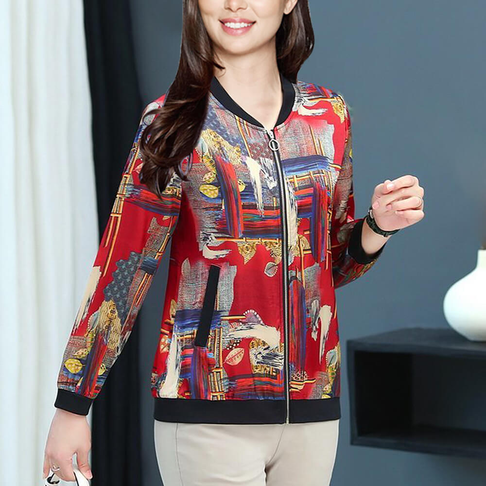 Women's Long Sleeve Floral Print Satin Casual Baseball Bomber Jacket