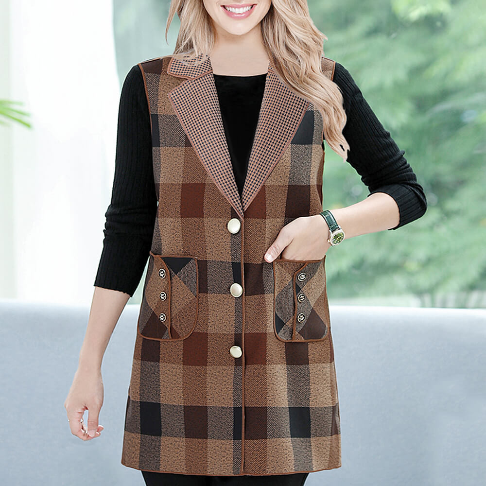 Women's Sleeveless Vest Casual Lapel Plaid Blazer Jacket