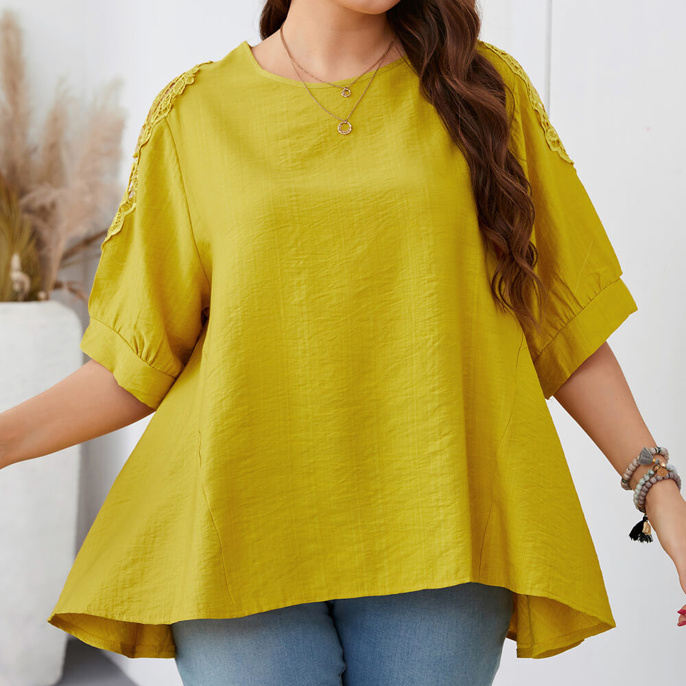 Women Plus Size 3/4 Sleeve Tunic Tops Loose Basic Lace Shirt