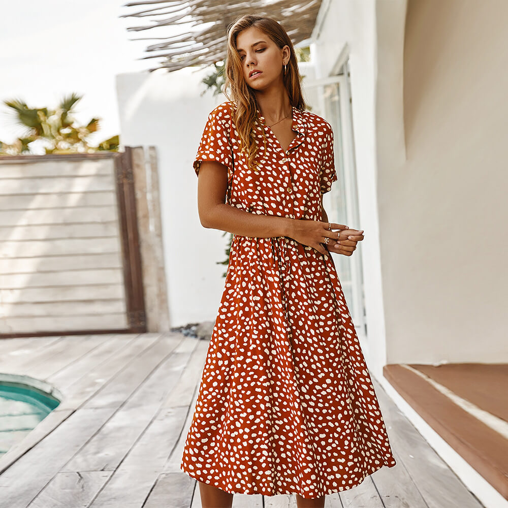 Women's Polka Dot Printed Short Sleeve Midi Dress