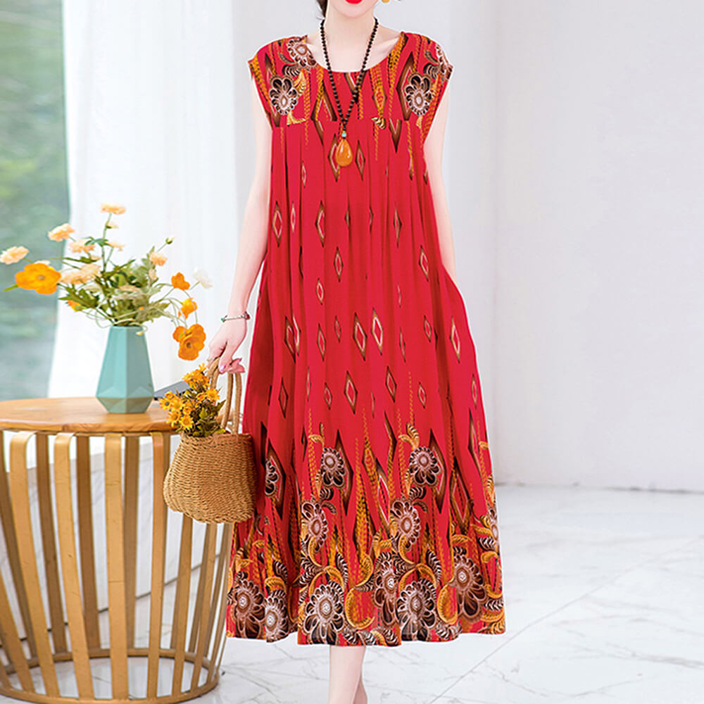 Women Casual Loose Bohemian Floral Dress with Pockets Short Sleeve Maxi Summer Swing Dress