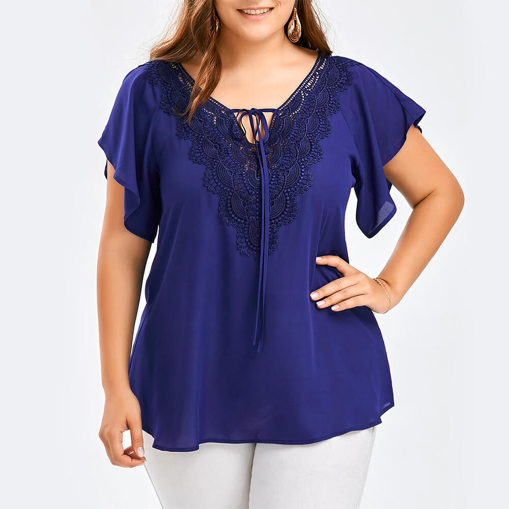 Women's Plus Size Chiffon Ruffle Sleeve Blouse Summer Lace Tops