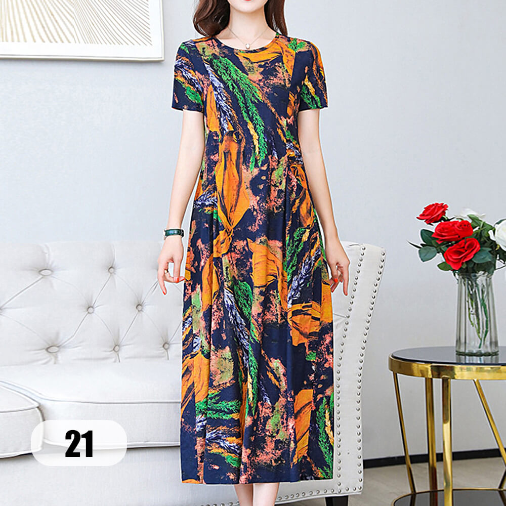 Women's Short Sleeve Round Neck Casual Summer Flowy Maxi Dresses with Pockets