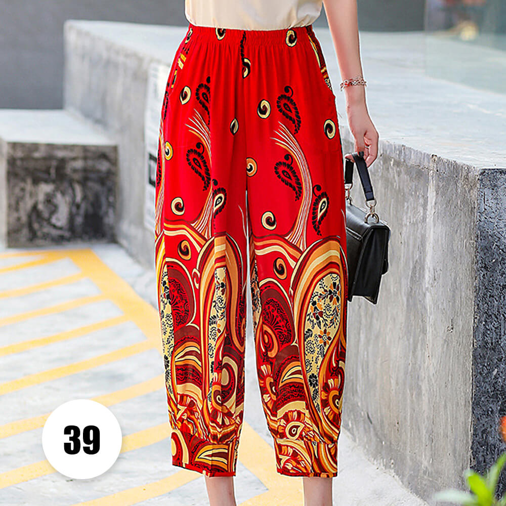 Women’s Harem Pants Boho Print Cropped Trousers Summer Casual Loose Baggy Pants with Pockets