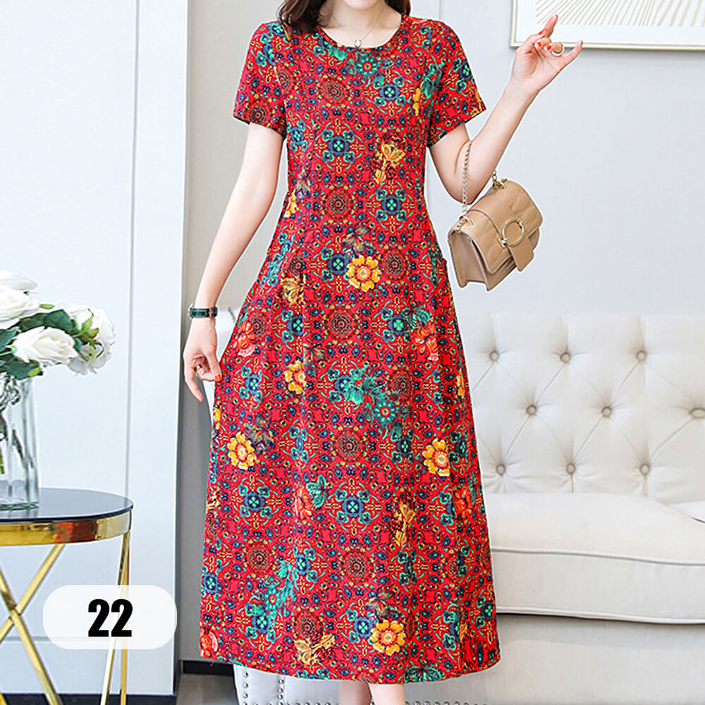 Women's Short Sleeve Round Neck Casual Summer Flowy Maxi Dresses with Pockets