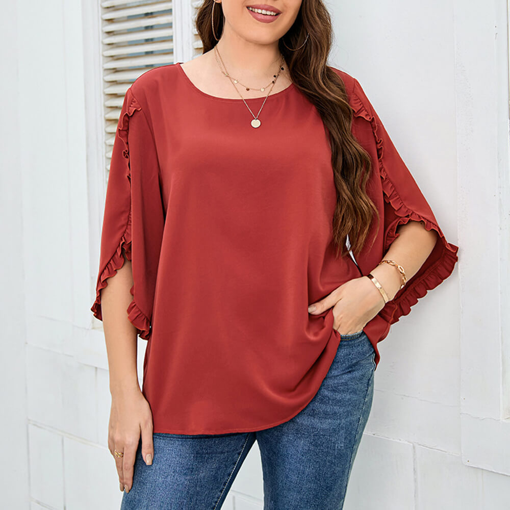 Women's Ruffle Sleeve Shirts Loose Fit Flowy Basic Red Blouse Tops