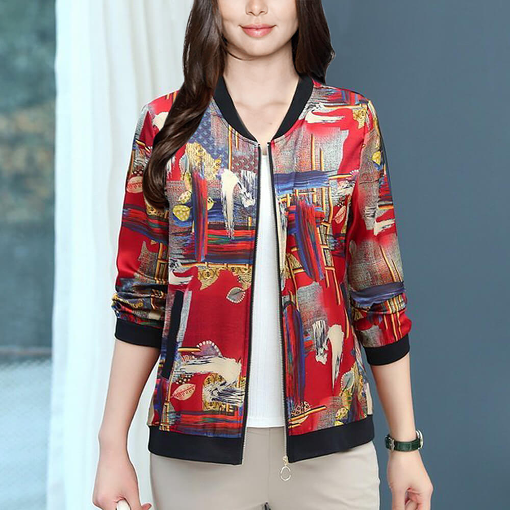 Women's Long Sleeve Floral Print Satin Casual Baseball Bomber Jacket