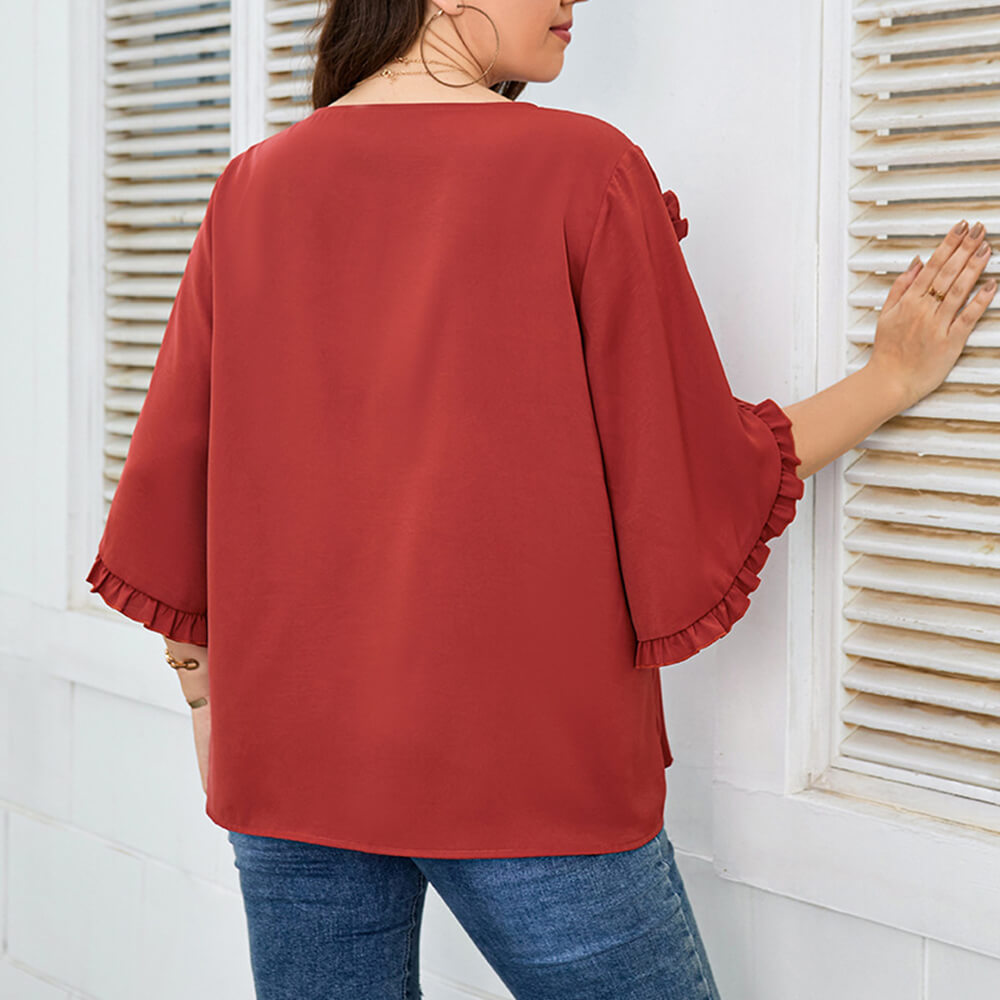 Women's Ruffle Sleeve Shirts Loose Fit Flowy Basic Red Blouse Tops