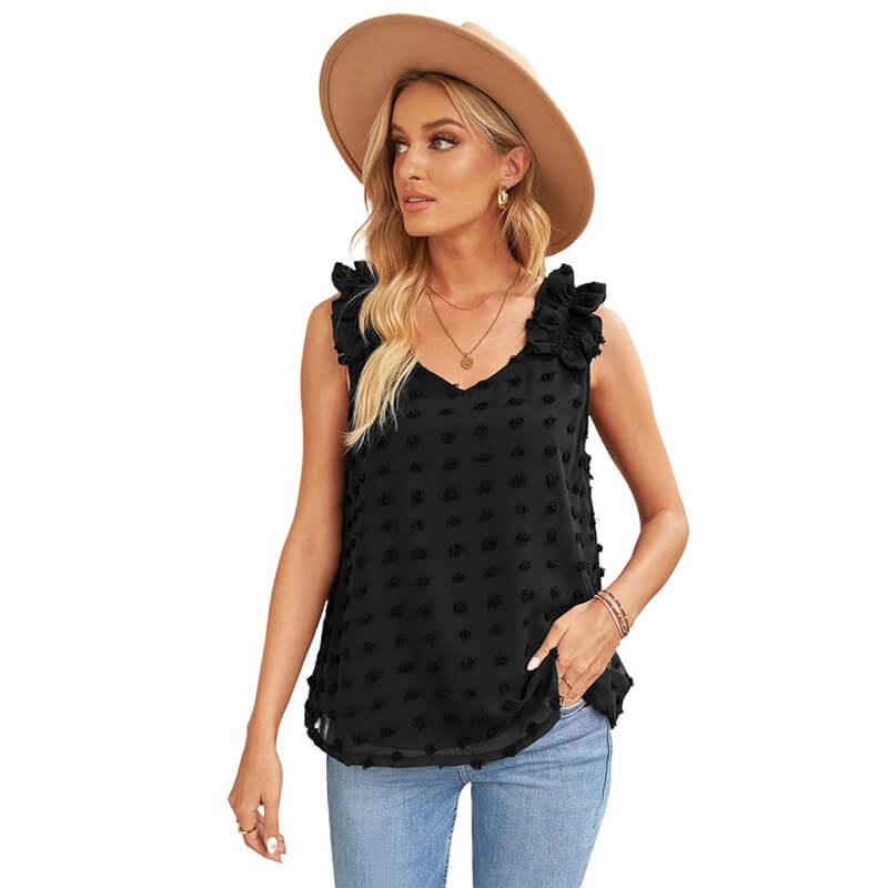 Women's Summer Casual Blouses Ruffle Pom Pom ChiffonTank Tops