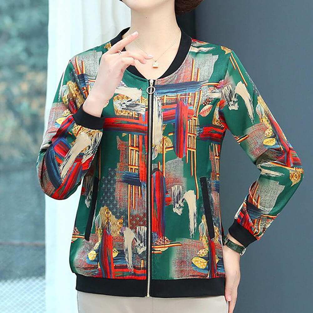 Women's Long Sleeve Floral Print Satin Casual Baseball Bomber Jacket