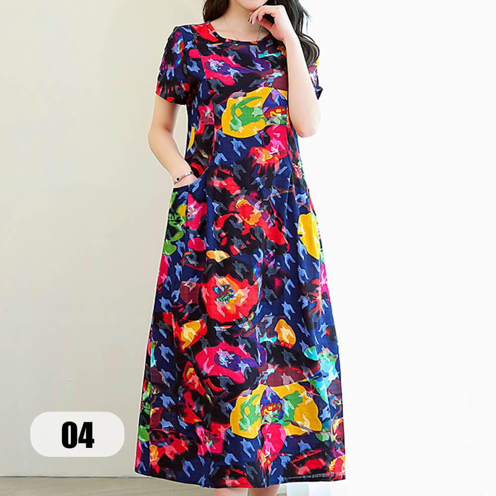 Women's Short Sleeve Round Neck Casual Summer Flowy Maxi Dresses with Pockets