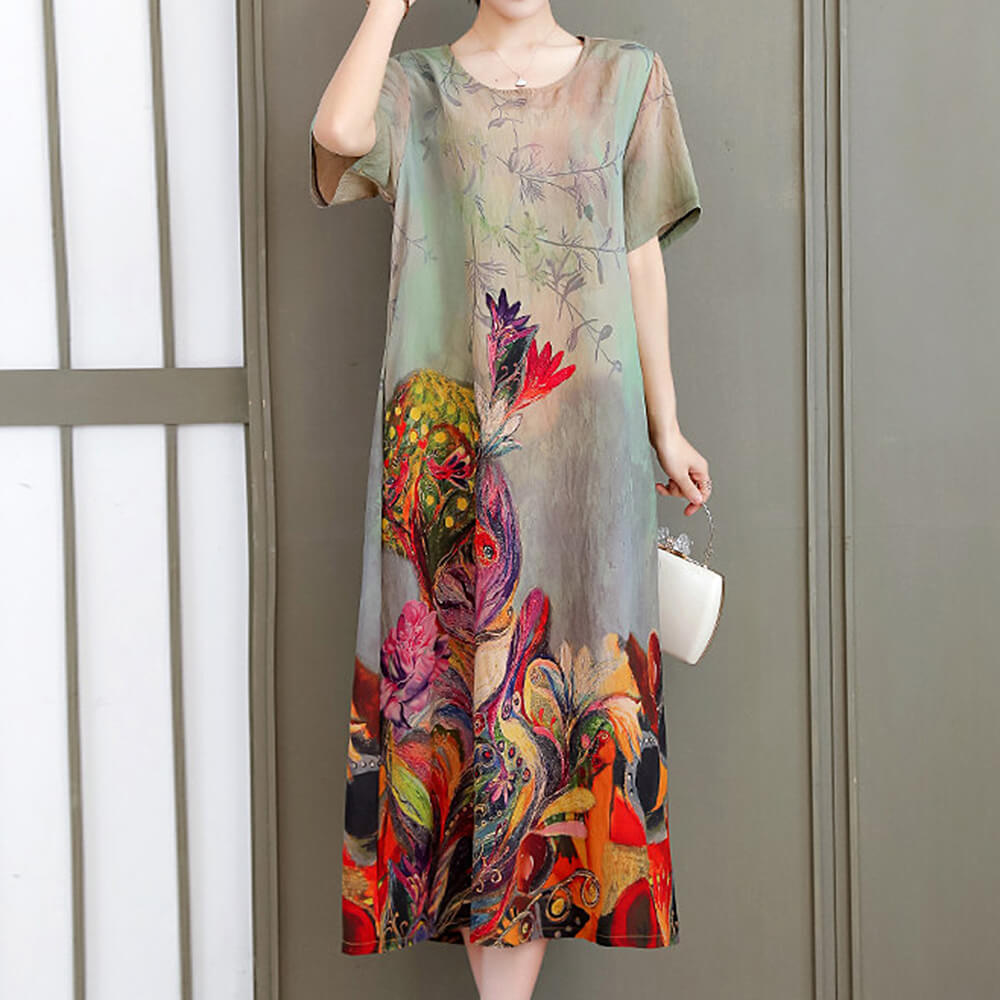 Women Casual Loose Floral Dress with Pockets Short Sleeve Long Summer Swing Dresses