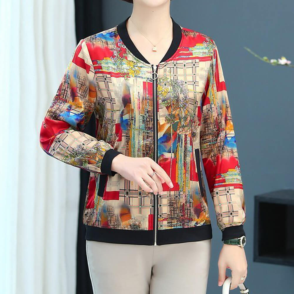 Women's Long Sleeve Floral Print Satin Casual Baseball Bomber Jacket