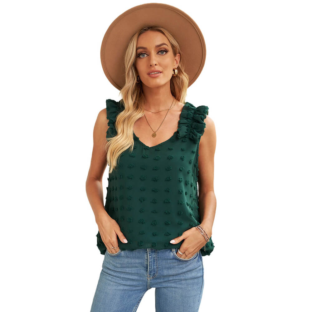 Women's Summer Casual Blouses Ruffle Pom Pom ChiffonTank Tops