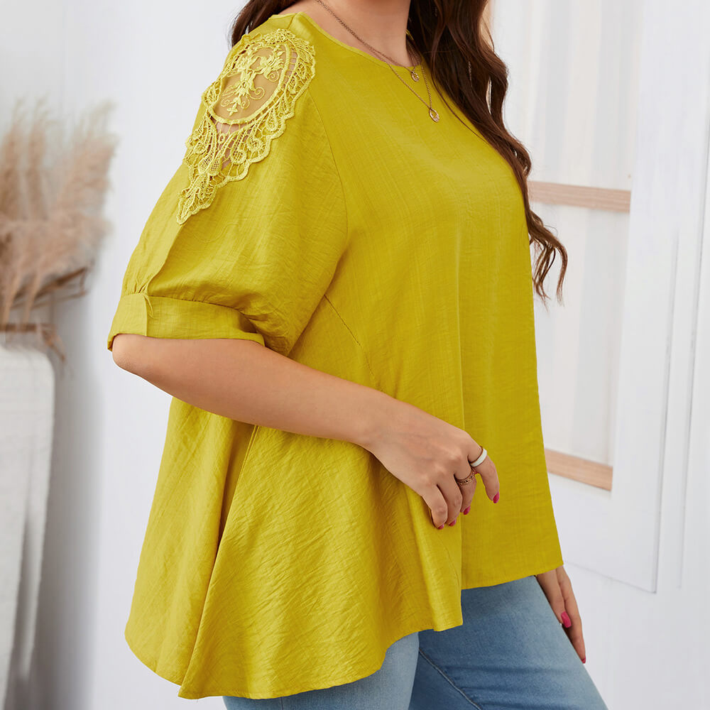 Women Plus Size 3/4 Sleeve Tunic Tops Loose Basic Lace Shirt