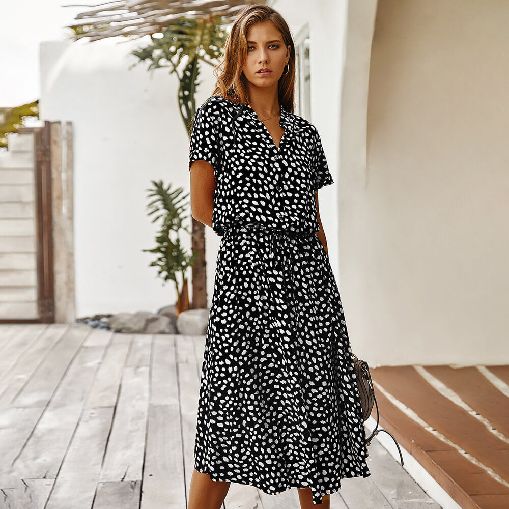 Women's Polka Dot Printed Short Sleeve Midi Dress