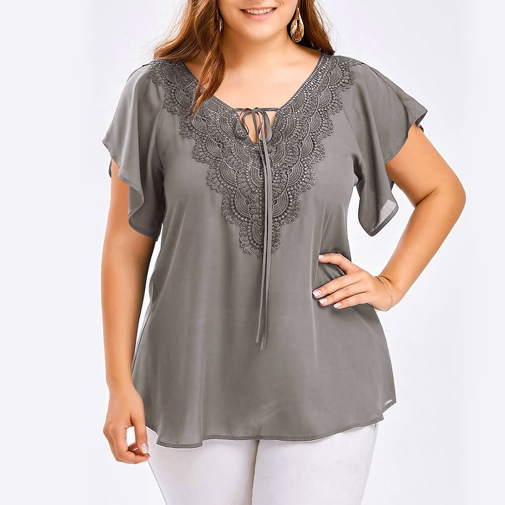 Women's Plus Size Chiffon Ruffle Sleeve Blouse Summer Lace Tops