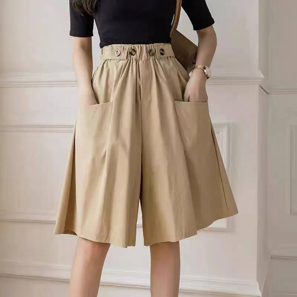 Women's Casual Summer Chiffon Shorts Elastic High Waist Pleated Wide Leg Shorts with Pockets