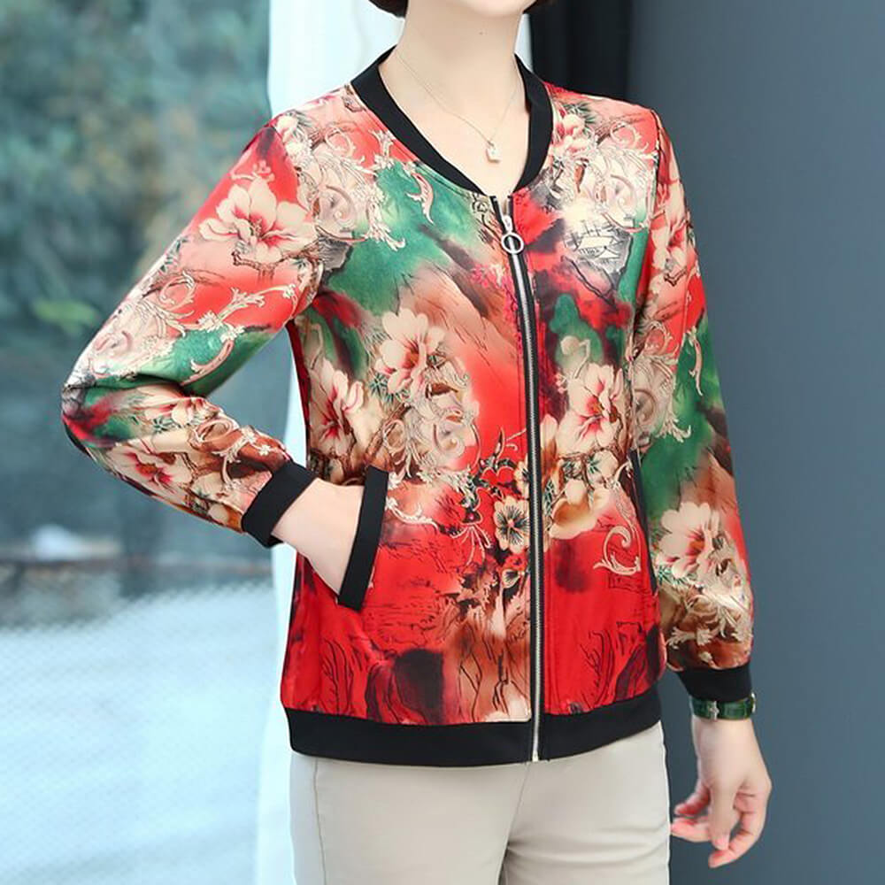 Women's Long Sleeve Floral Print Satin Casual Baseball Bomber Jacket