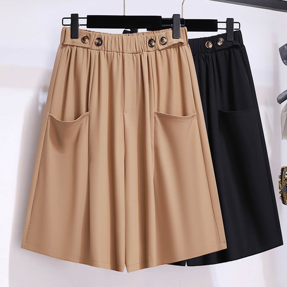 Women's Casual Summer Chiffon Shorts Elastic High Waist Pleated Wide Leg Shorts with Pockets