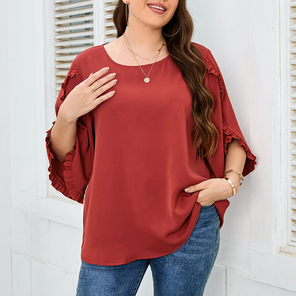 Women's Ruffle Sleeve Shirts Loose Fit Flowy Basic Red Blouse Tops