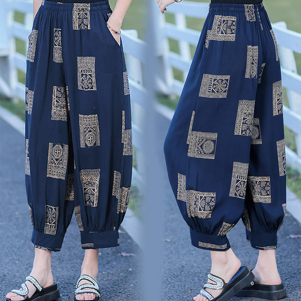 Women’s Harem Pants Boho Print Cropped Trousers Summer Casual Loose Baggy Pants with Pockets