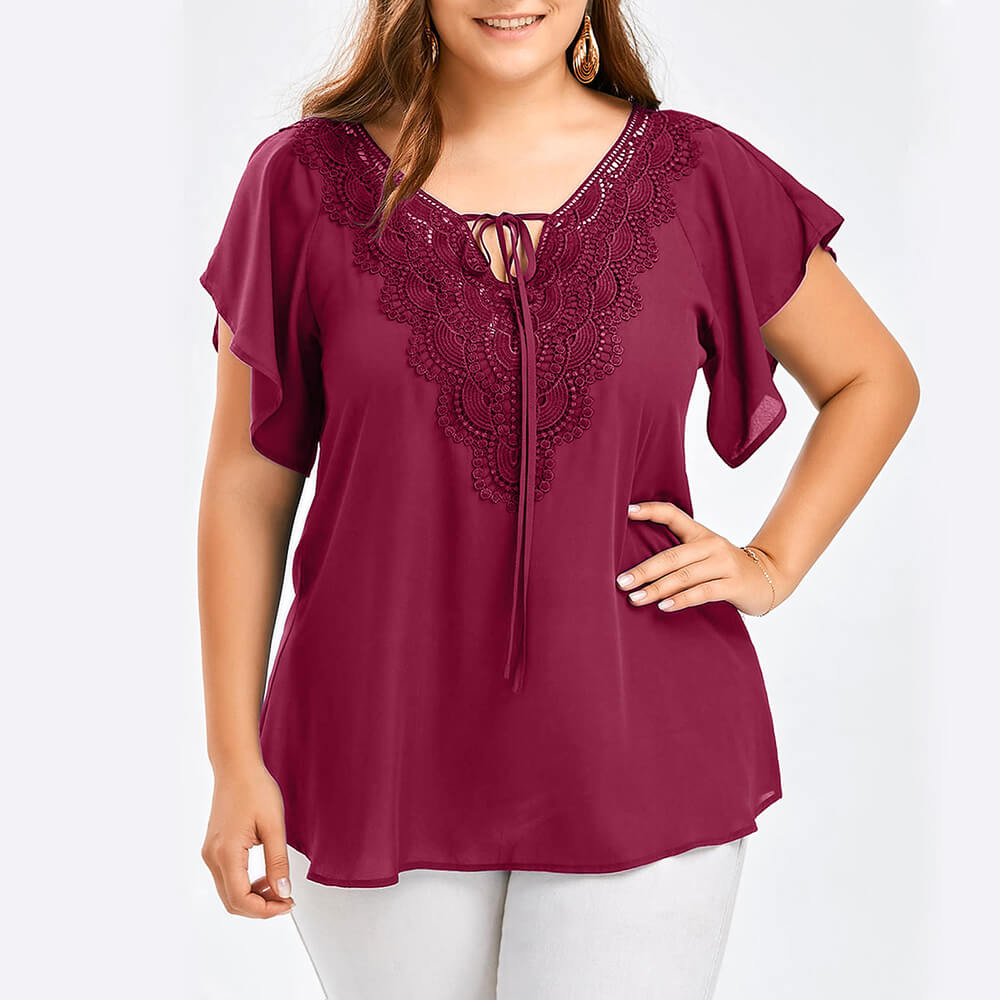 Women's Plus Size Chiffon Ruffle Sleeve Blouse Summer Lace Tops