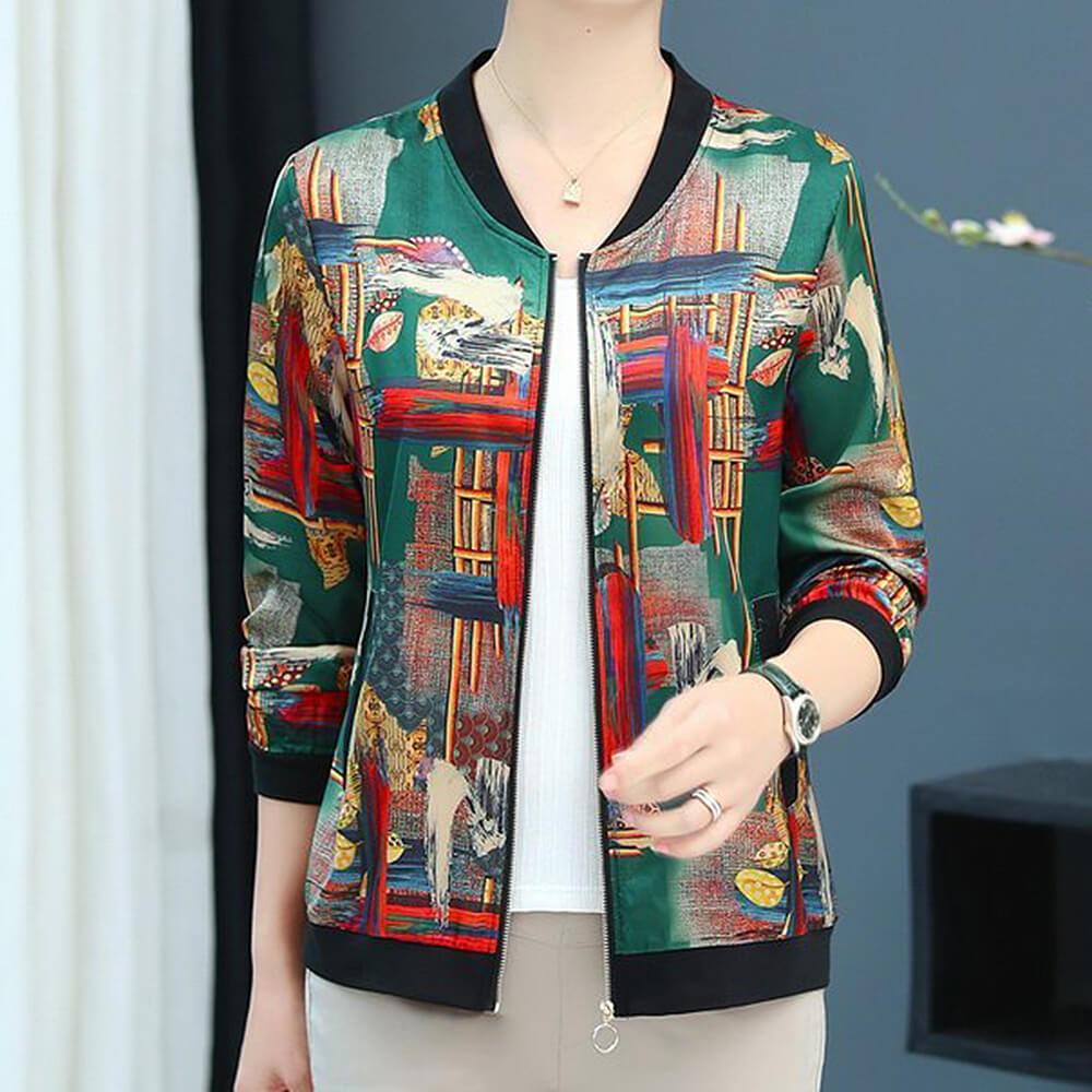 Women's Long Sleeve Floral Print Satin Casual Baseball Bomber Jacket