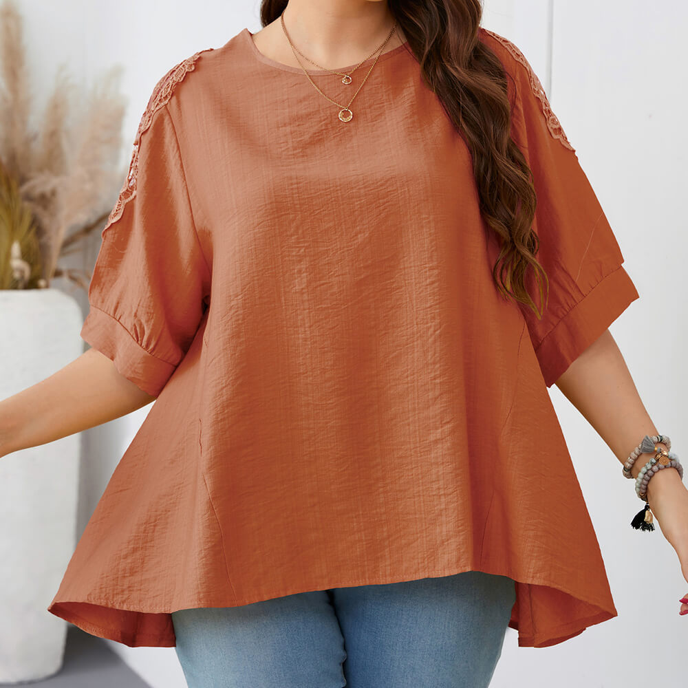 Women Plus Size 3/4 Sleeve Tunic Tops Loose Basic Lace Shirt