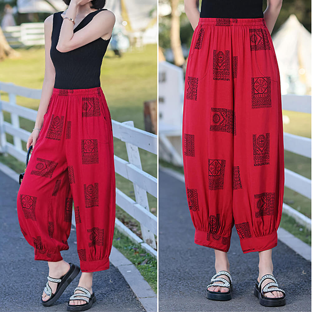 Women’s Harem Pants Boho Print Cropped Trousers Summer Casual Loose Baggy Pants with Pockets