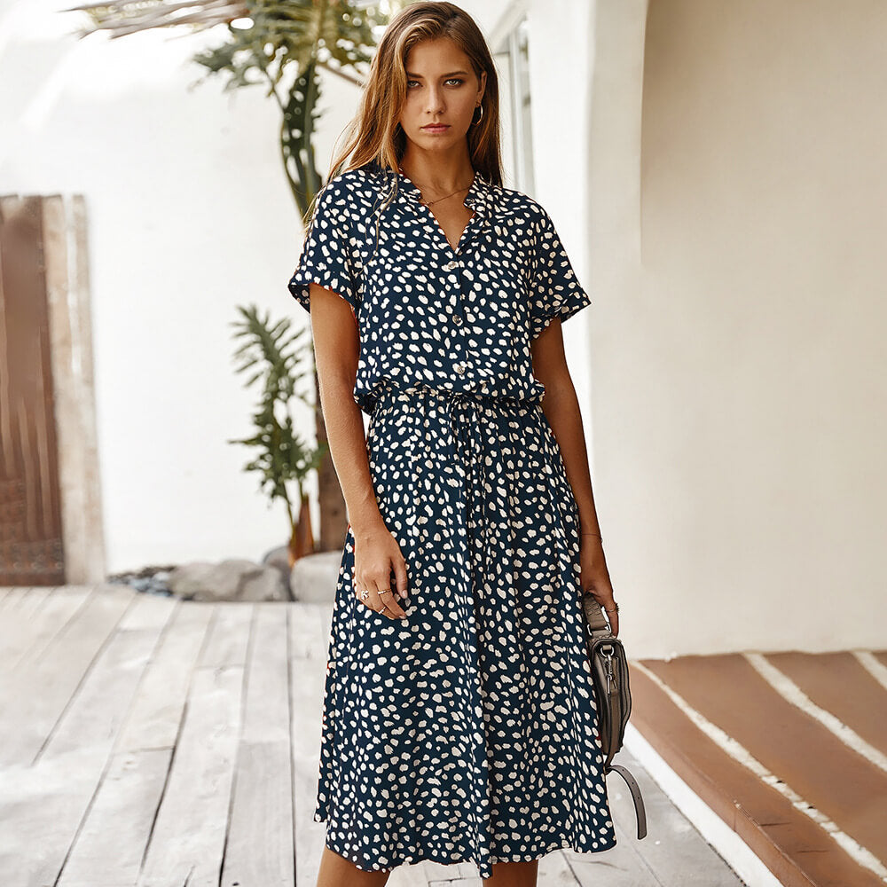 Women's Polka Dot Printed Short Sleeve Midi Dress