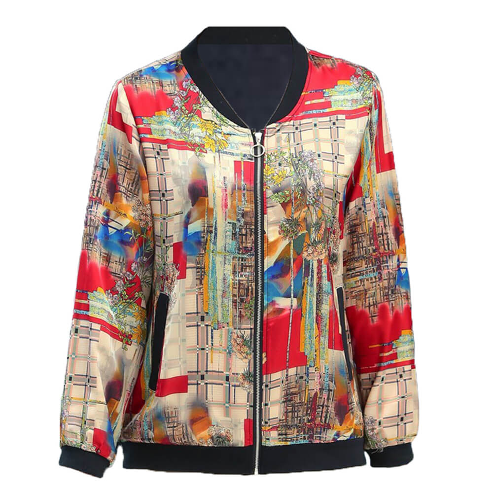 Women's Long Sleeve Floral Print Satin Casual Baseball Bomber Jacket