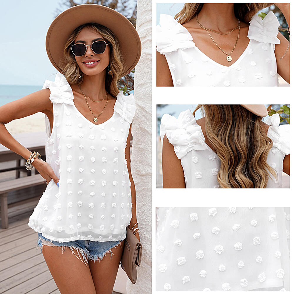 Women's Summer Casual Blouses Ruffle Pom Pom ChiffonTank Tops